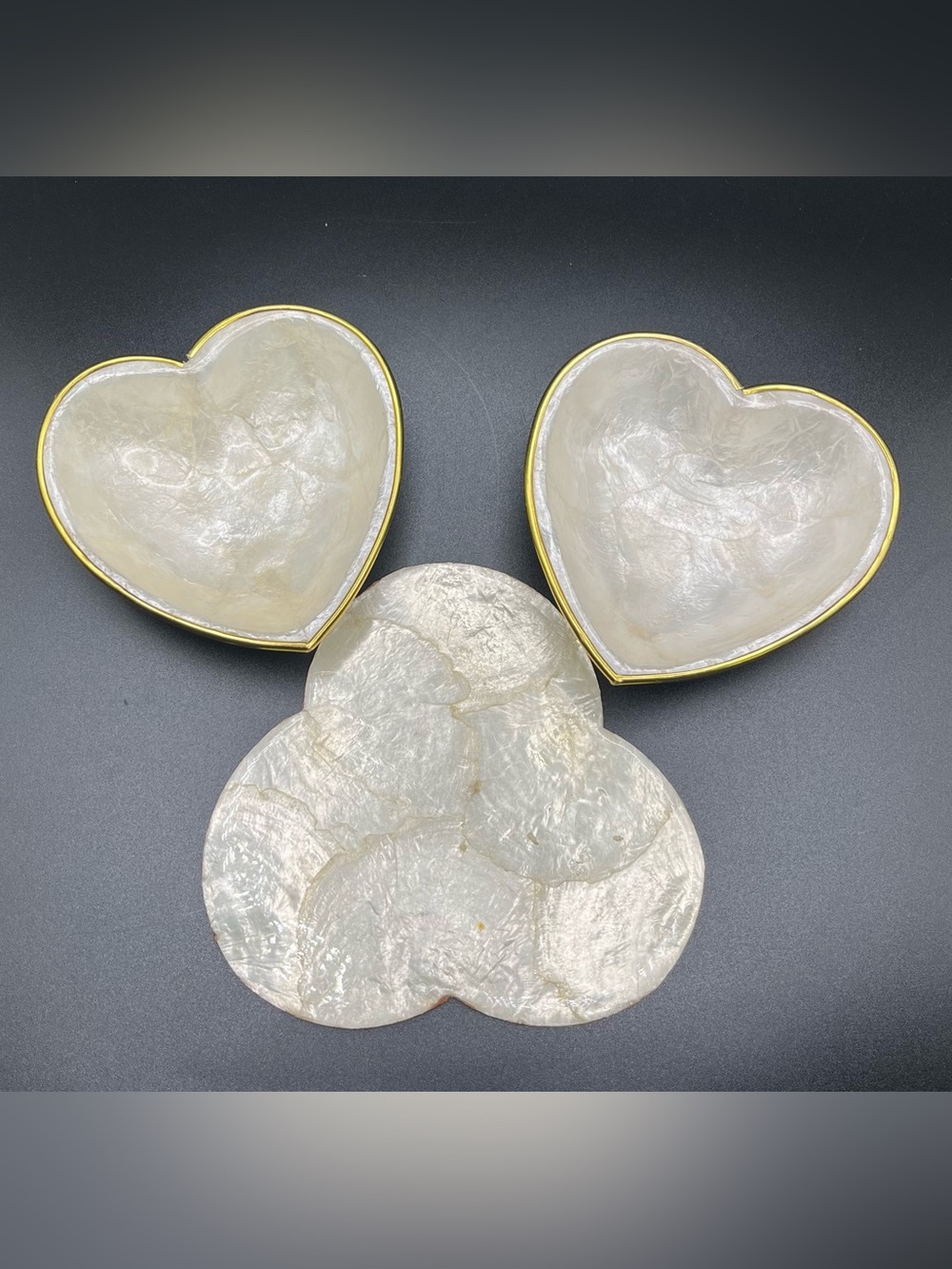 VTG Capiz Shell Heart Trinket Bowls & Plate Set Gold Trim Philippines Cottage